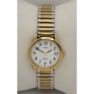 Women's Timex Indiglo White Dial Gold Tone Case Two-Tone Expansion Band Watch 01
